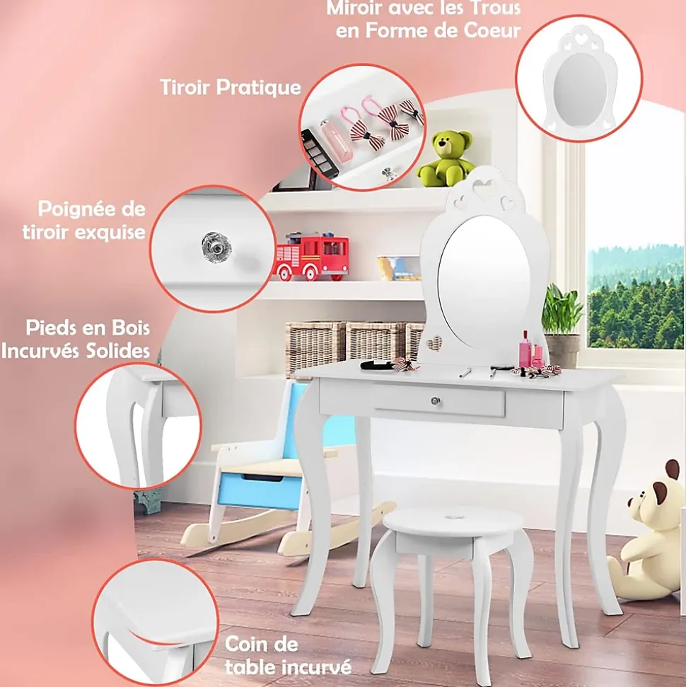 Coiffeuse Princesse Europeenne Table de Maquillage pour Enfant avec Tabouret Miroir et Tiroir en MDF Pieds en Bois de Pin