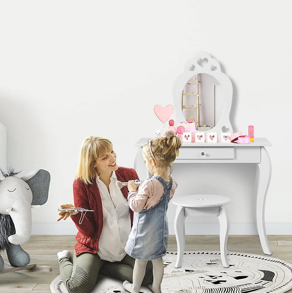 Coiffeuse Princesse Europeenne Table de Maquillage pour Enfant avec Tabouret Miroir et Tiroir en MDF Pieds en Bois de Pin