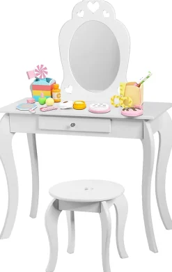 Coiffeuse Princesse Europeenne Table de Maquillage pour Enfant avec Tabouret Miroir et Tiroir en MDF Pieds en Bois de Pin