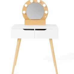 Coiffeuse scandinave 2 tiroirs HORIA bois et blanc avec miroir LED