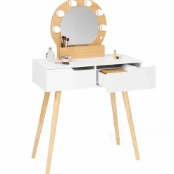 Coiffeuse scandinave 2 tiroirs HORIA bois et blanc avec miroir LED