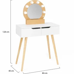Coiffeuse scandinave 2 tiroirs HORIA bois et blanc avec miroir LED