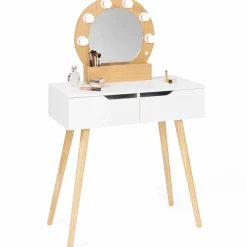 Coiffeuse scandinave 2 tiroirs HORIA bois et blanc avec miroir LED