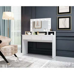 Coiffeuse SENSA blanche Avec miroir, tiroir, étagère et LED Design épuré et fonctionnel