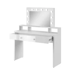Coiffeuse SENSA blanche Avec miroir, tiroir, étagère et LED Design épuré et fonctionnel
