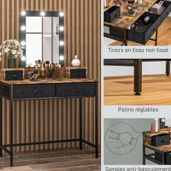 Coiffeuse style industriel - miroir LED réglable - 4 tiroirs tissu - acier noir aspect bois vieilli