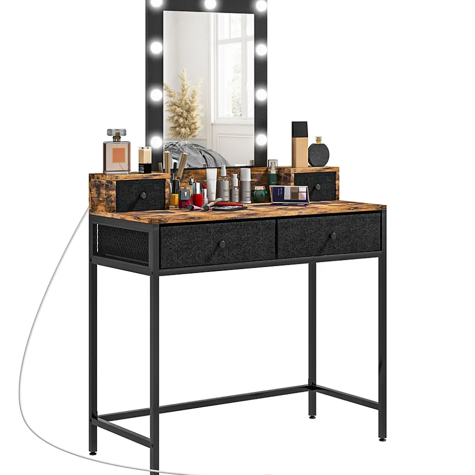 Coiffeuse style industriel - miroir LED réglable - 4 tiroirs tissu - acier noir aspect bois vieilli