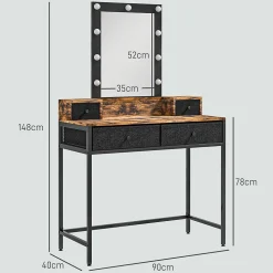 Coiffeuse style industriel - miroir LED réglable - 4 tiroirs tissu - acier noir aspect bois vieilli