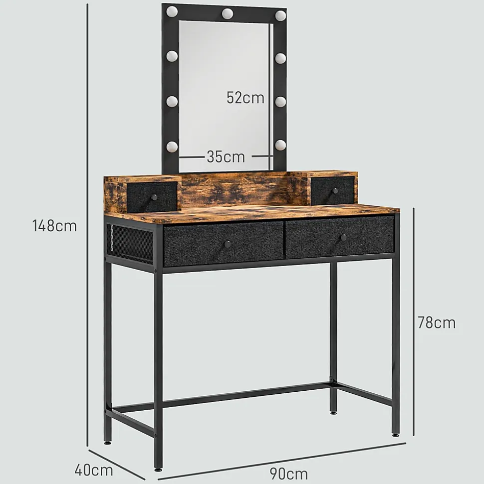 Coiffeuse style industriel - miroir LED réglable - 4 tiroirs tissu - acier noir aspect bois vieilli