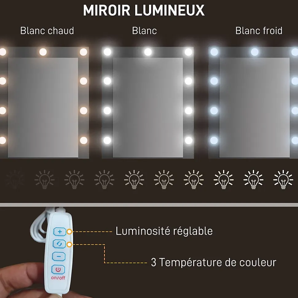 Coiffeuse style industriel - miroir LED réglable - 4 tiroirs tissu - acier noir aspect bois vieilli