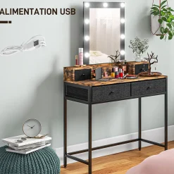 Coiffeuse style industriel - miroir LED réglable - 4 tiroirs tissu - acier noir aspect bois vieilli