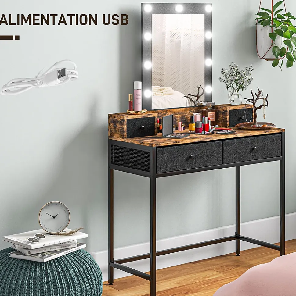 Coiffeuse style industriel - miroir LED réglable - 4 tiroirs tissu - acier noir aspect bois vieilli