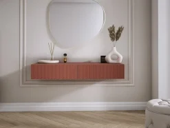 Coiffeuse suspendue avec deux tiroirs, façade rainurée - Couleur : rouge brique, 100 x 40 x 16 cm