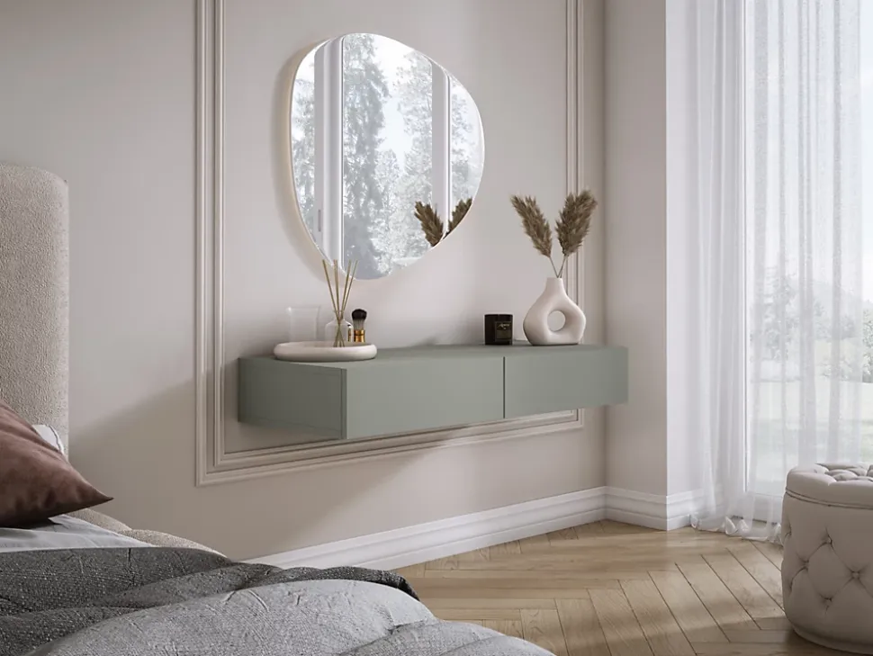 Coiffeuse suspendue avec deux tiroirs, façade lisse - couleur : aloès vert, 100 x 40 x 16 cm