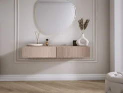 Coiffeuse suspendue avec deux tiroirs, façade rainurée - Couleur : brun caramel, 100 x 40 x 16 cm