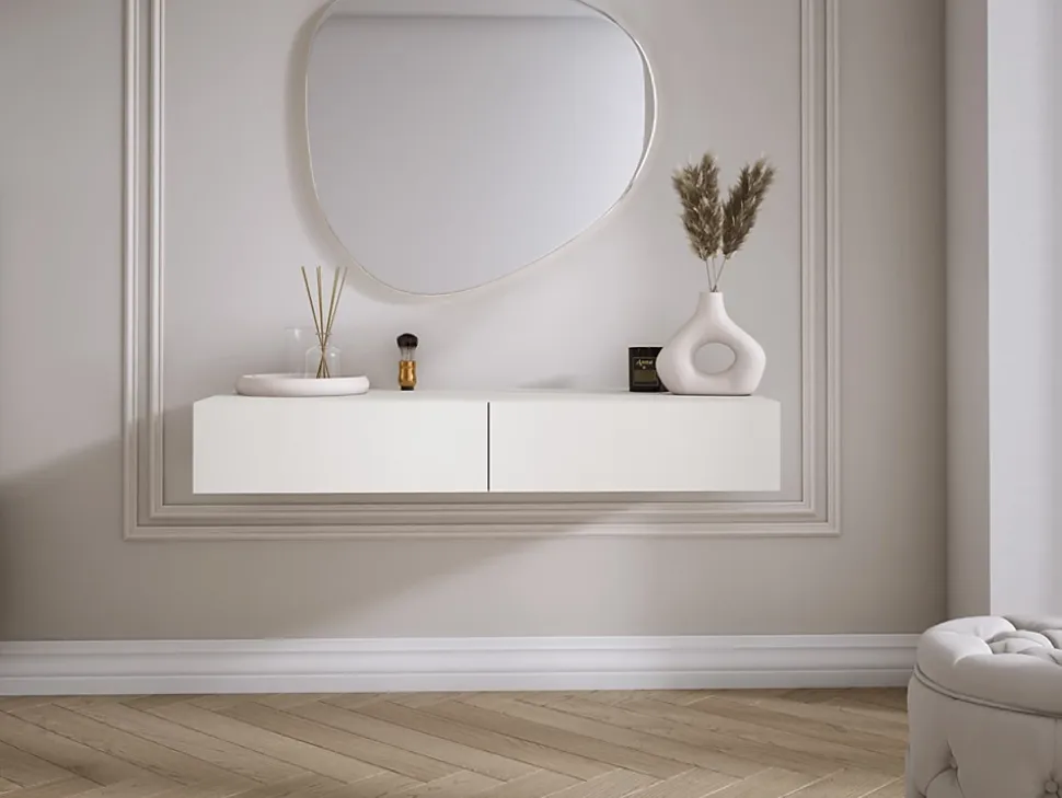 Coiffeuse suspendue avec deux tiroirs, façade lisse - Couleur : blanc, 100 x 40 x 16 cm