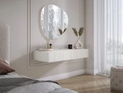 Coiffeuse suspendue avec deux tiroirs, façade rainurée - Couleur : blanc, 100 x 40 x 16 cm