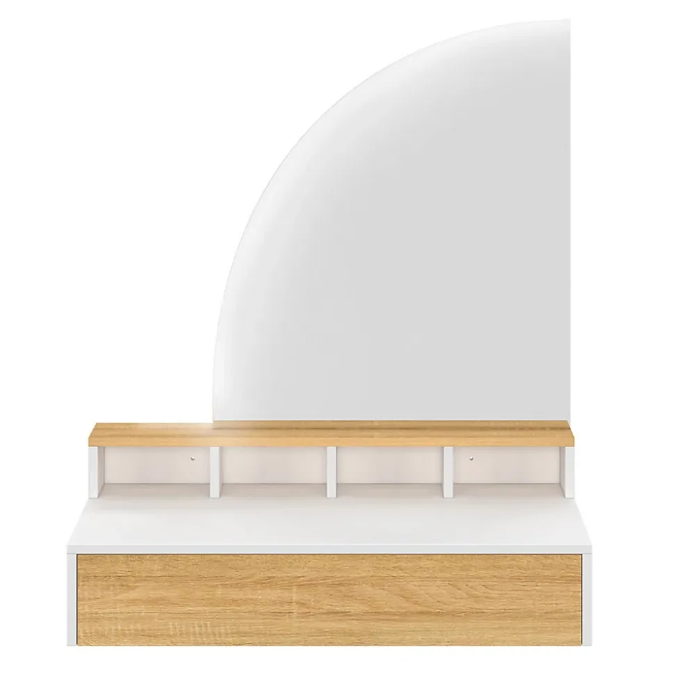 Coiffeuse suspendue ZELIA miroir LED avec 4 niches, 1 tiroir bois et blanc