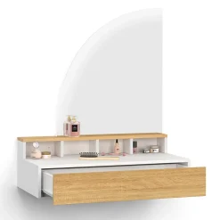 Coiffeuse suspendue ZELIA miroir LED avec 4 niches, 1 tiroir bois et blanc