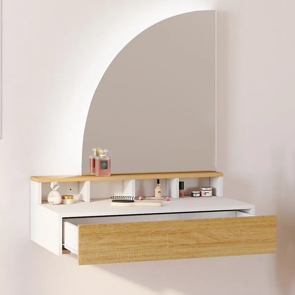 Coiffeuse suspendue ZELIA miroir LED avec 4 niches, 1 tiroir bois et blanc