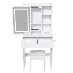 Coiffeuse Table de Maquillage, Miroir LED Réglable et Rangement Caché,Tabouret et Prise Intégrée, MDF/Verre, 60x36x136 cm - Blanc
