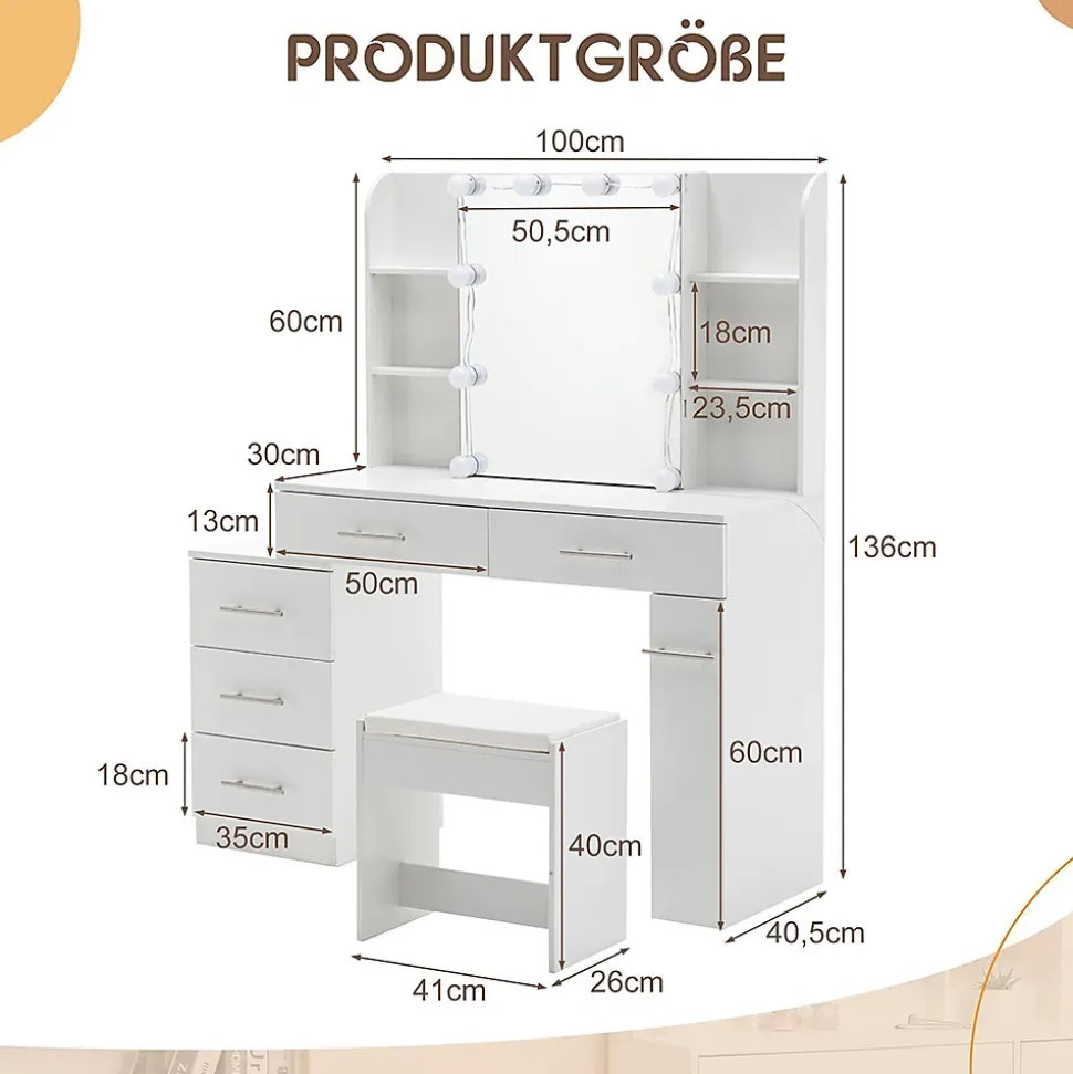 Coiffeuse Table de maquillage Table de toilette avec miroir Tiroir Éclairage LED