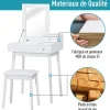 Coiffeuse table de maquillage avec tabouret miroir rabattable coffre + 2 tiroirs MDF bois massif pin blanc