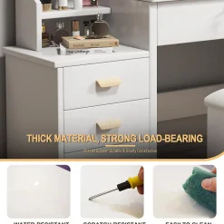 Coiffeuse Table de Maquillage avec Miroir LED 3 Couleurs et 4 Tiroirs, Ensemble avec Tabouret, MDF et Verre, 85x36x130 cm - Blanc