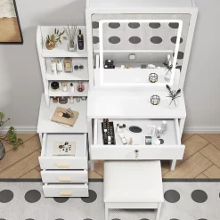 Coiffeuse Table de Maquillage avec Miroir LED 3 Couleurs et 4 Tiroirs, Ensemble avec Tabouret, MDF et Verre, 85x36x130 cm - Blanc
