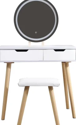 Coiffeuse table de maquillage avec miroir LED et tabouret coloris blanc H129 x L80 x P40 cm