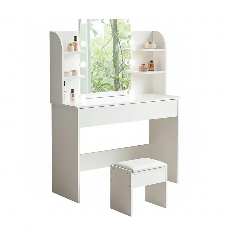 Coiffeuse Table de maquillage Table de toilette avec tabouret Éclairage LED Miroir blanc