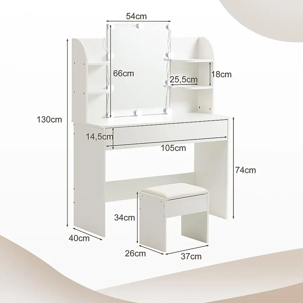 Coiffeuse Table de maquillage Table de toilette avec tabouret Éclairage LED Miroir blanc