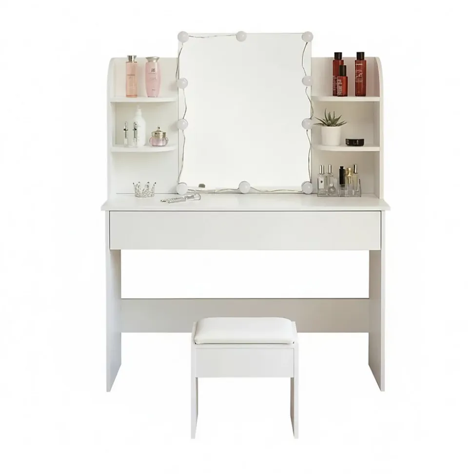 Coiffeuse Table de maquillage Table de toilette avec tabouret Éclairage LED Miroir blanc