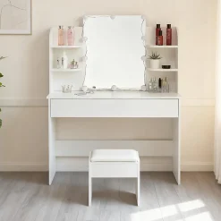 Coiffeuse Table de maquillage Table de toilette avec tabouret Éclairage LED Miroir blanc