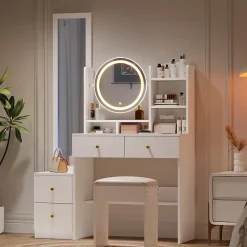 Coiffeuse table de maquillage avec miroir complet pivotant, 2 tiroirs, LED et housse, panneau de particules 109x36x164 cm blanc