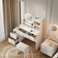 Coiffeuse table de maquillage avec miroir complet pivotant, 2 tiroirs, LED et housse, panneau de particules 109x36x164 cm blanc