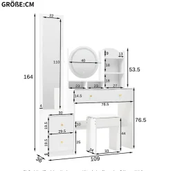 Coiffeuse table de maquillage avec miroir complet pivotant, 2 tiroirs, LED et housse, panneau de particules 109x36x164 cm blanc