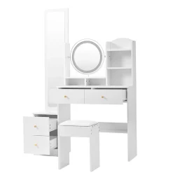 Coiffeuse table de maquillage avec miroir complet pivotant, 2 tiroirs, LED et housse, panneau de particules 109x36x164 cm blanc
