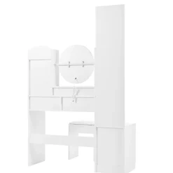 Coiffeuse table de maquillage avec miroir complet pivotant, 2 tiroirs, LED et housse, panneau de particules 109x36x164 cm blanc