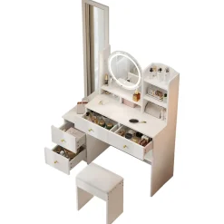 Coiffeuse table de maquillage avec miroir complet pivotant, 2 tiroirs, LED et housse, panneau de particules 109x36x164 cm blanc