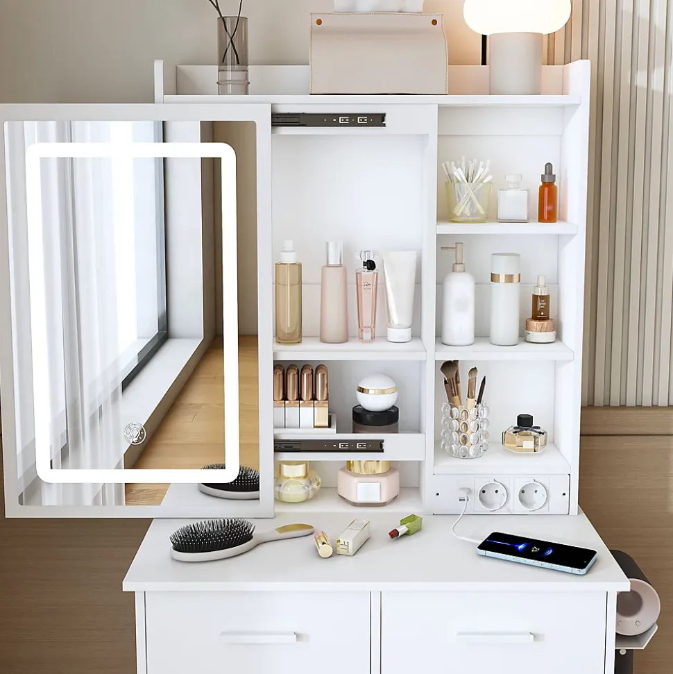 Coiffeuse 60x36x136 cm avec miroir LED réglable, prises USB intégrées et tiroirs, ensemble compact avec tabouret
