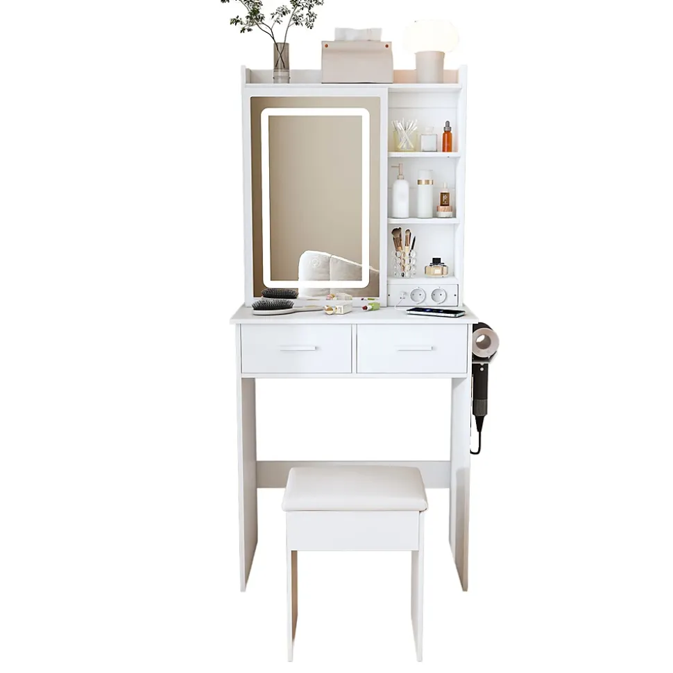 Coiffeuse 60x36x136 cm avec miroir LED réglable, prises USB intégrées et tiroirs, ensemble compact avec tabouret