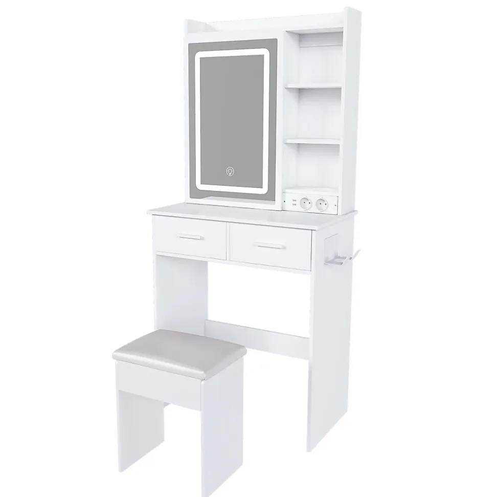 Coiffeuse 60x36x136 cm avec miroir LED réglable, prises USB intégrées et tiroirs, ensemble compact avec tabouret