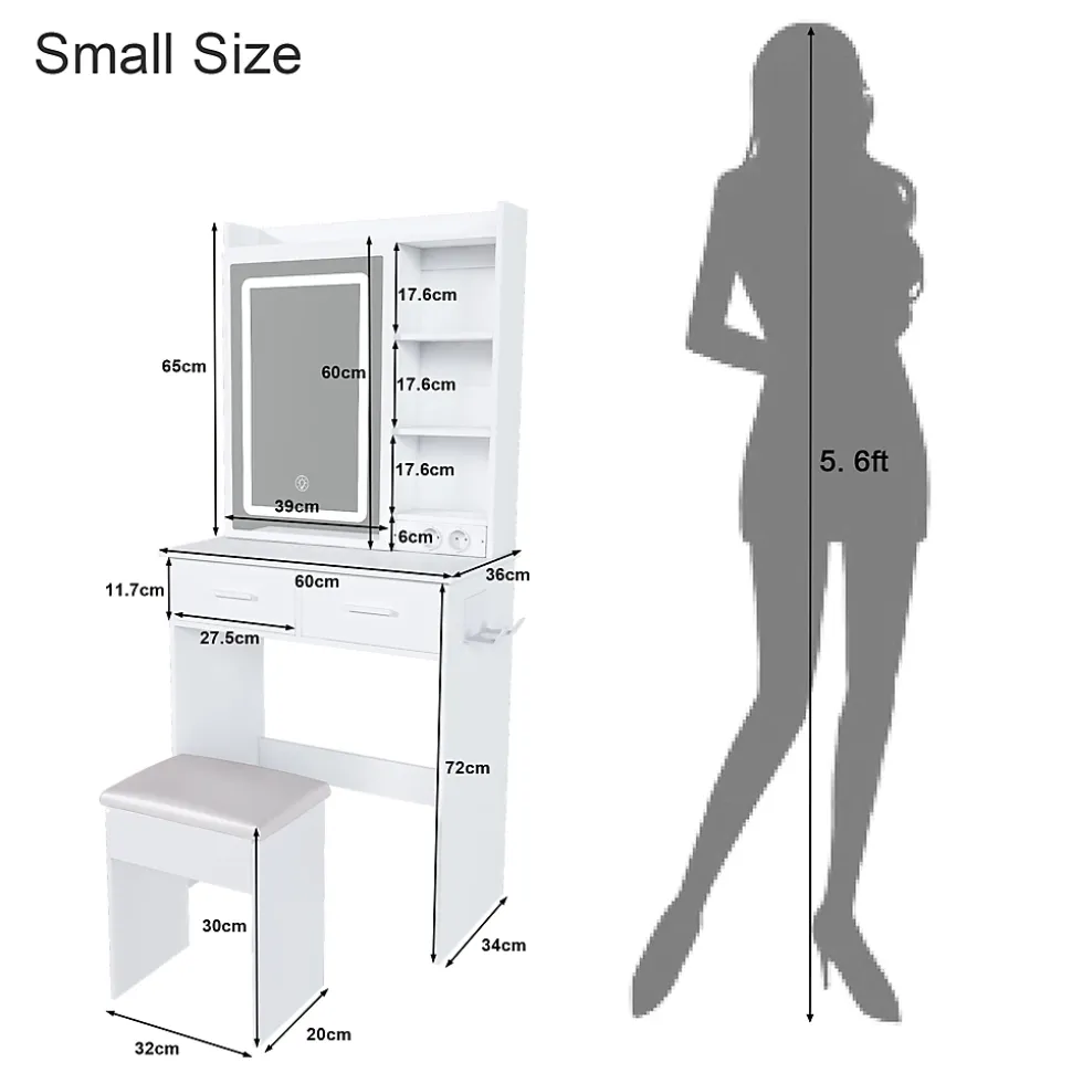 Coiffeuse 60x36x136 cm avec miroir LED réglable, prises USB intégrées et tiroirs, ensemble compact avec tabouret