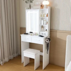 Coiffeuse 60x36x136 cm avec miroir LED réglable, prises USB intégrées et tiroirs, ensemble compact avec tabouret