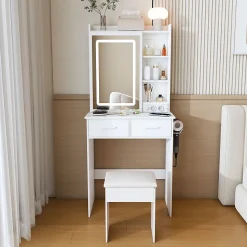Coiffeuse 60x36x136 cm avec miroir LED réglable, prises USB intégrées et tiroirs, ensemble compact avec tabouret