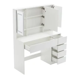 Coiffeuse 100x40x130 cm avec miroir LED et tiroirs, finition blanche en MDF, ensemble avec tabouret