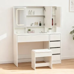 Coiffeuse 100x40x130 cm avec miroir LED et tiroirs, finition blanche en MDF, ensemble avec tabouret