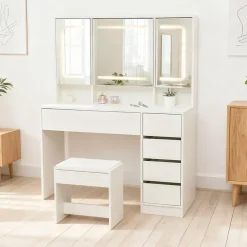 Coiffeuse 100x40x130 cm avec miroir LED et tiroirs, finition blanche en MDF, ensemble avec tabouret