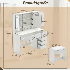 Coiffeuse 100x40x130 cm avec miroir LED et tiroirs, finition blanche en MDF, ensemble avec tabouret